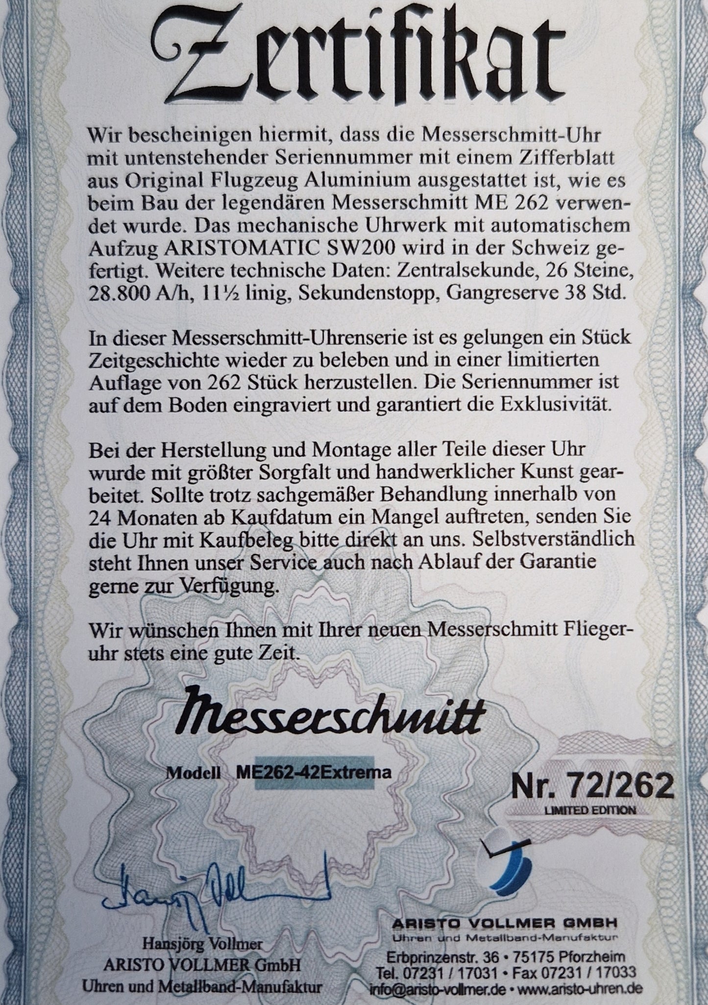 Messerschmitt ME262-42Extrema - LIMITIERT auf 262 Uhren Automatic-Werk