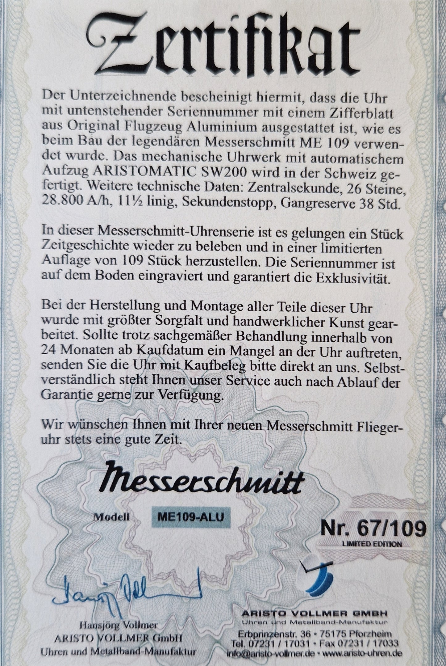 Messerschmitt ME109-ALU-L LIMITIERT auf 109 Uhren Automatic-Werk