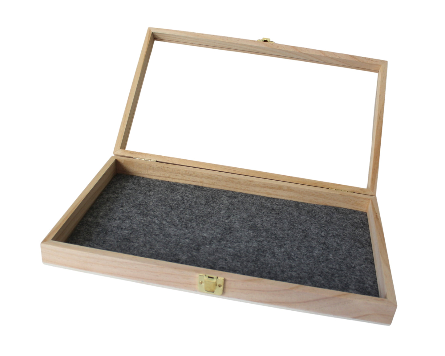 mit 3mm Filz Einlage ( Farbe bitte wählen ) - Ordenvitrine, Sammlervitrine Echtholz, Kiefer unbehandelt ca. 380 x 220 x 55mm