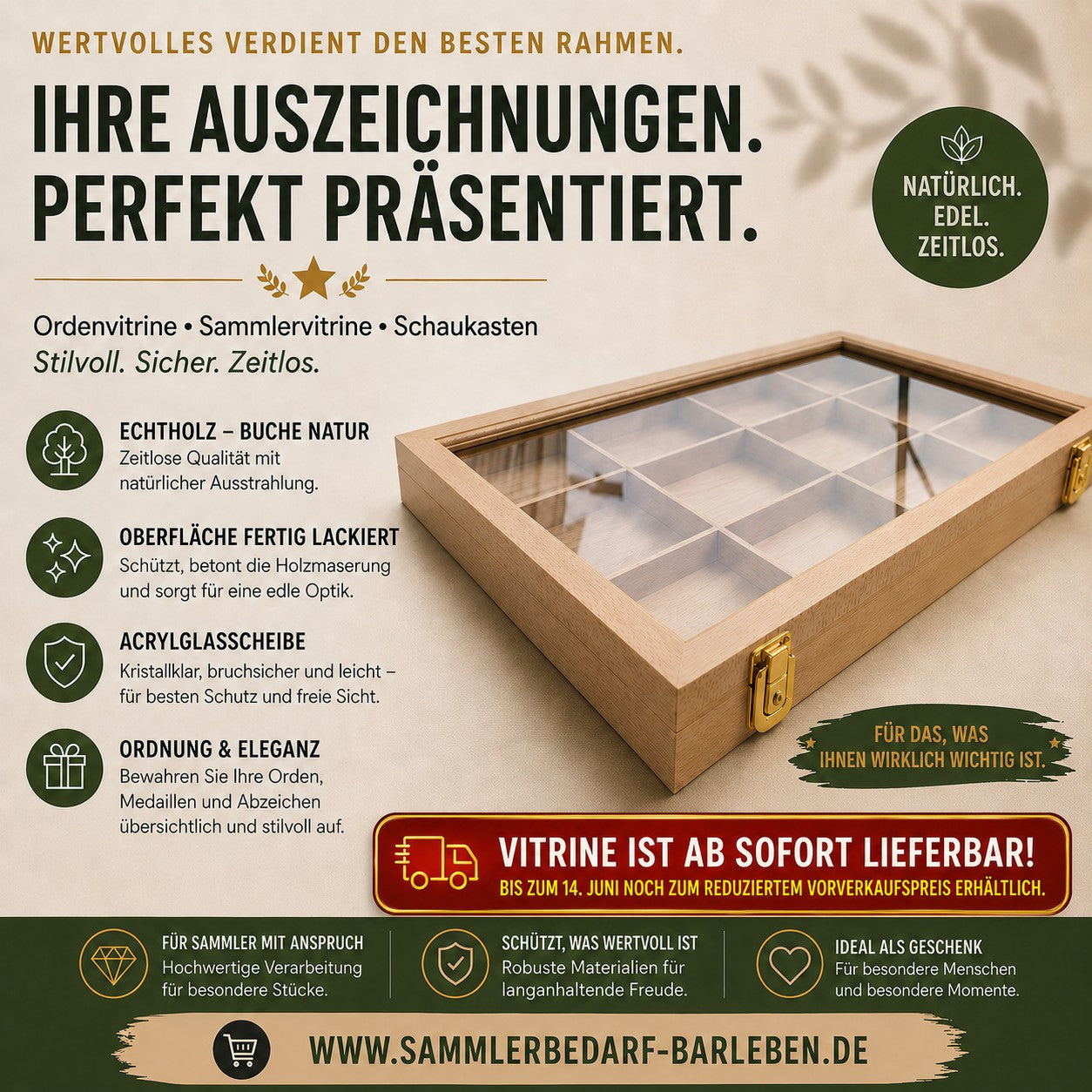 Ordenvitrine aus Echtholz Buche – abschließbar, entnehmbarer Facheinsatz