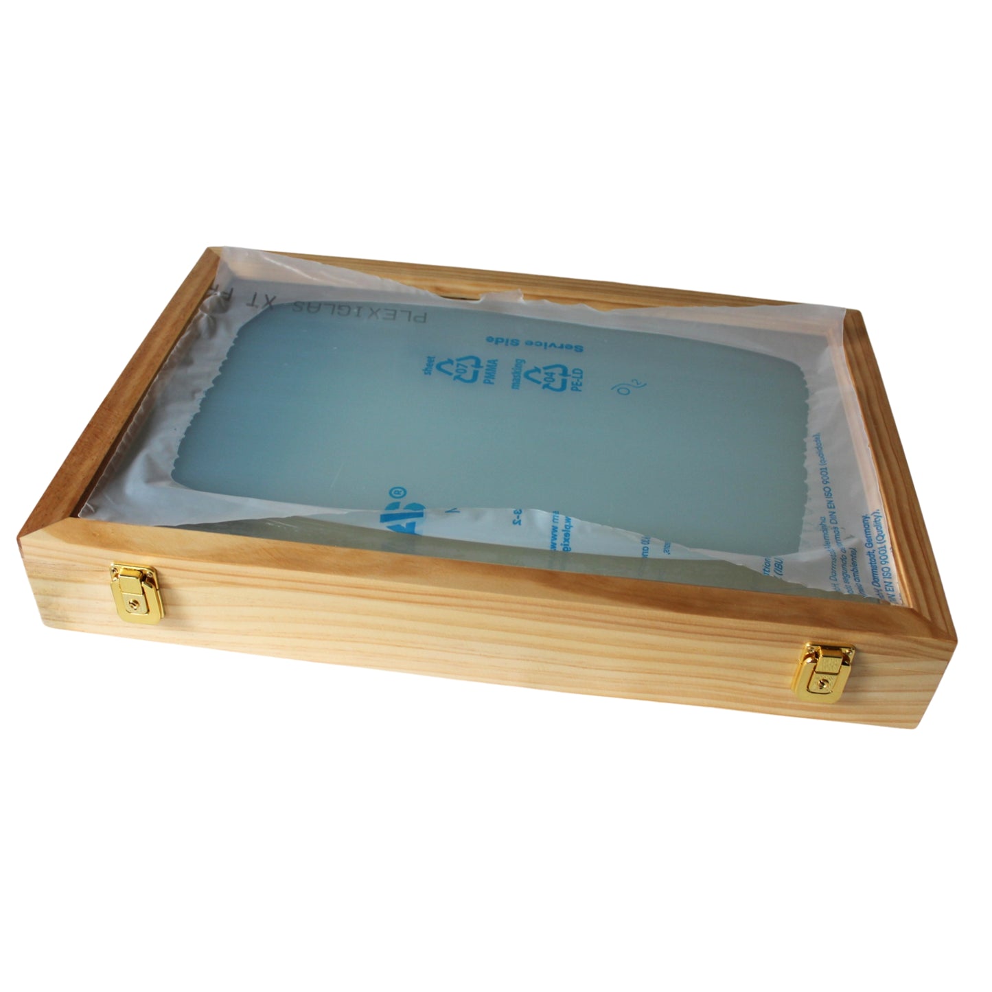 FERTIGE Ordenvitrine, Sammlervitrine, Schaukasten in Echtholz, Kiefer Natur,  Oberfläche gewachst, Plexiglasscheibe bereits eingebaut