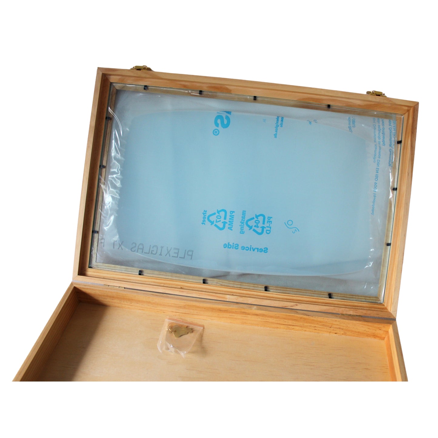 FERTIGE Ordenvitrine, Sammlervitrine, Schaukasten in Echtholz, Kiefer Natur,  Oberfläche gewachst, Plexiglasscheibe bereits eingebaut