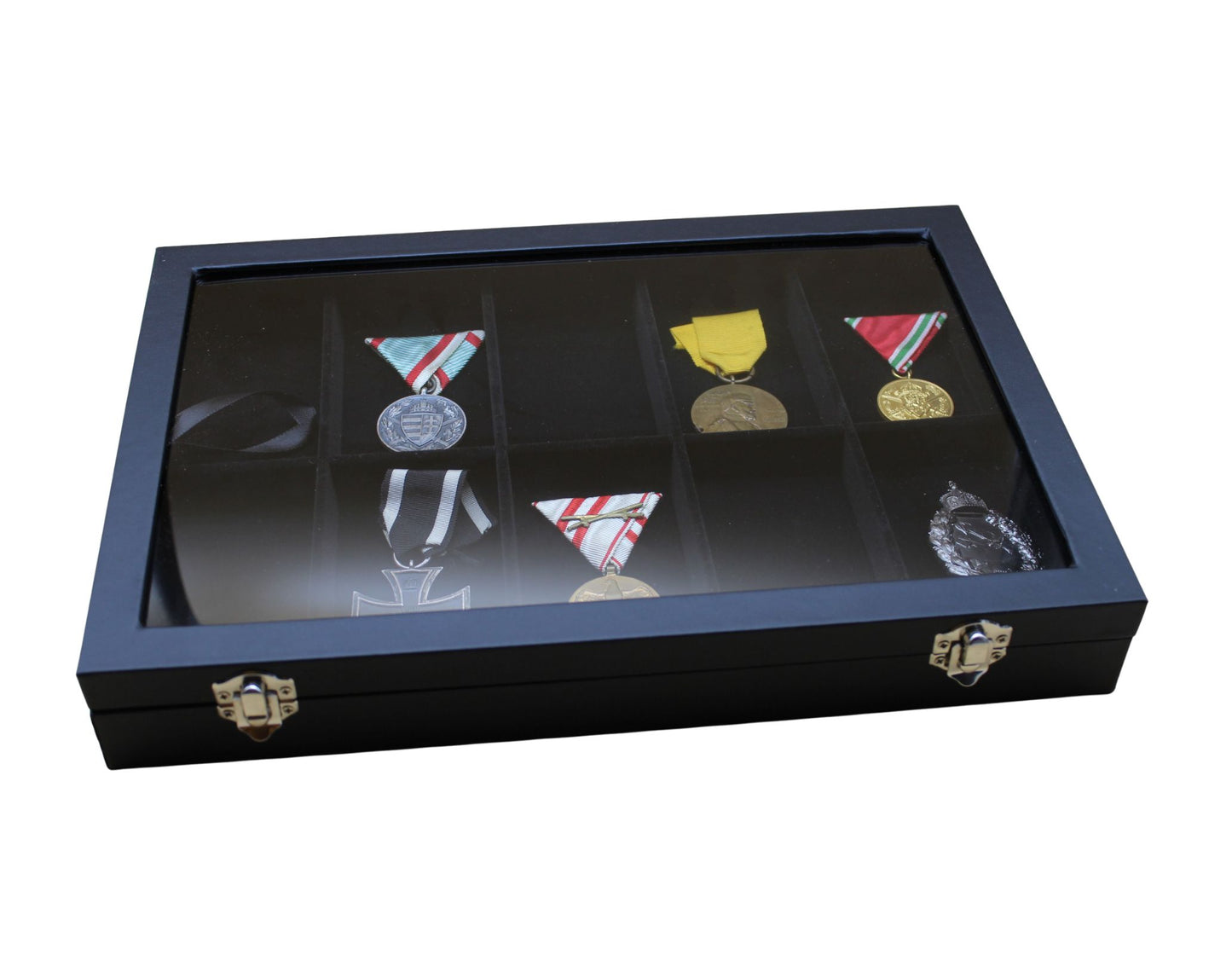 Set: 3 Stück PU-Vitrine schwarz, Lupe, Handschuhe, Ordenständer