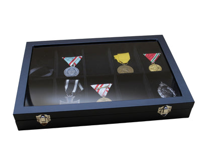 Set: 3 Stück PU-Vitrine schwarz, Lupe, Handschuhe, Ordenständer