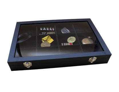 Set: 3 Stück PU-Vitrine schwarz, Lupe, Handschuhe, Ordenständer