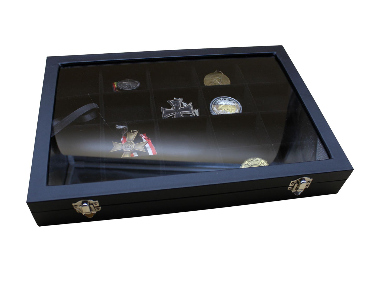 Set: 3 Stück PU-Vitrine schwarz, Lupe, Handschuhe, Ordenständer