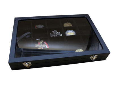 Set: 3 Stück PU-Vitrine schwarz, Lupe, Handschuhe, Ordenständer