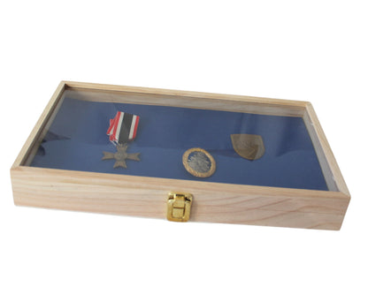 mit Einlage Schaumstoff + 3mm Filz ( Farbe bitte wählen ), 23mm gesamt - Ordenvitrine, Sammlervitrine Echtholz, Kiefer unbehandelt ca. 380 x 220 x 55mm Art.Nr.293