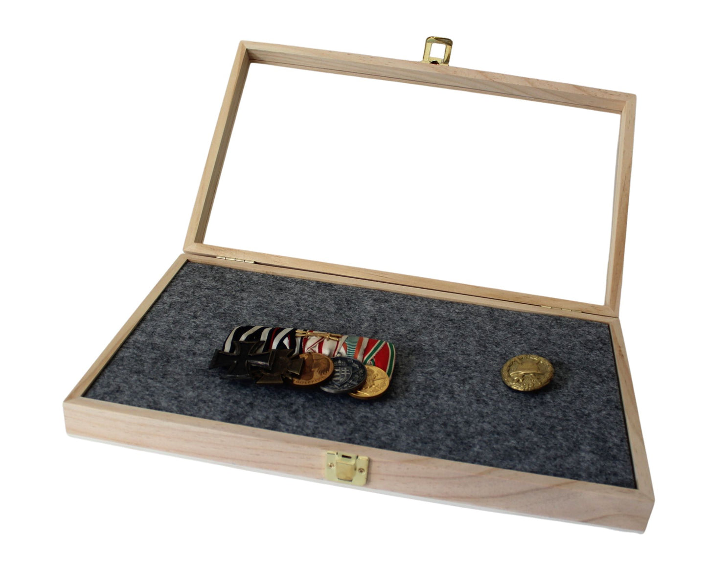 mit Einlage Schaumstoff + 3mm Filz ( Farbe bitte wählen ), 23mm gesamt - Ordenvitrine, Sammlervitrine Echtholz, Kiefer unbehandelt ca. 380 x 220 x 55mm Art.Nr.293