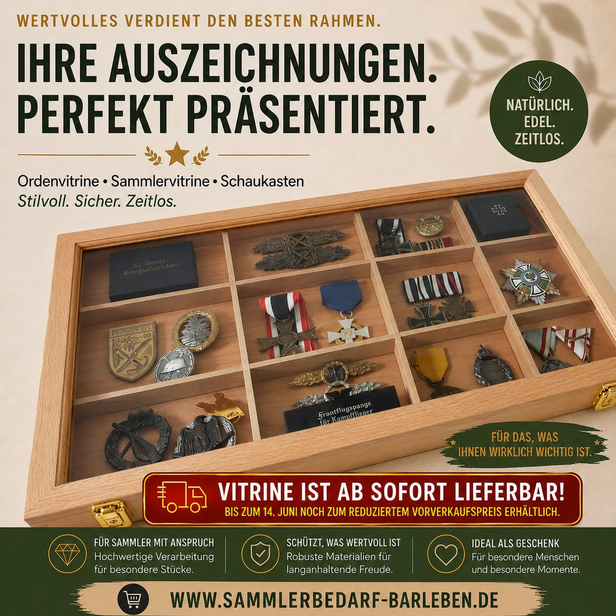 Ordenvitrine aus Echtholz Buche – abschließbar, entnehmbarer Facheinsatz